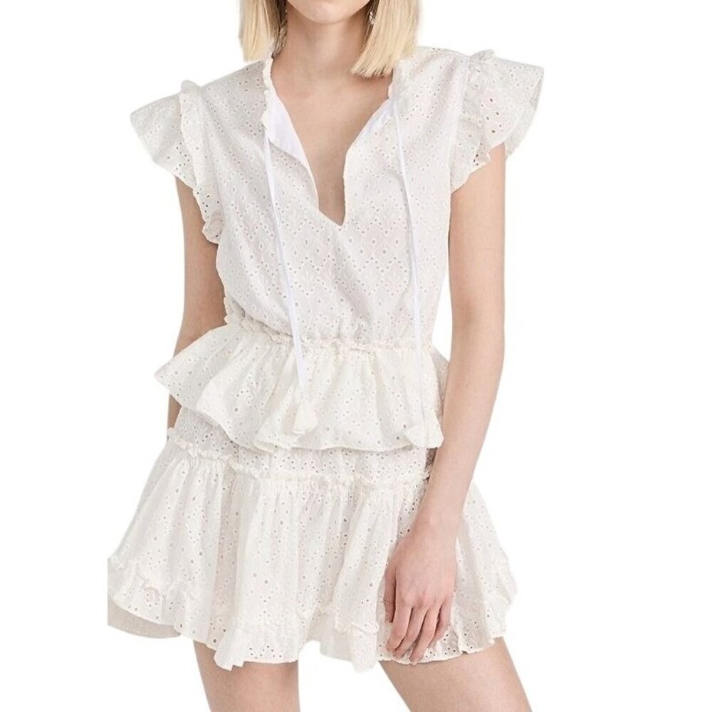 MISA LOS ANGELES Iliana Tiered Eyelet Mini Dress , Size L, White, New with tag
